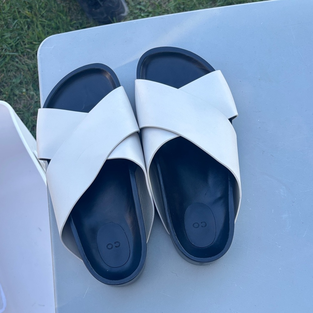 CO White and Black Slide Sandals